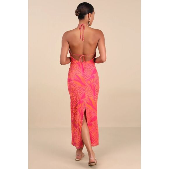 Lulus Camadi Hot Pink Animal Print Mesh Backless Midi Dress Size M NWT - Picture 3 of 9